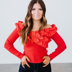 &Merci Ruffled Shoulder Top Size Large Red Off Shoulder Design Wide Neckline
